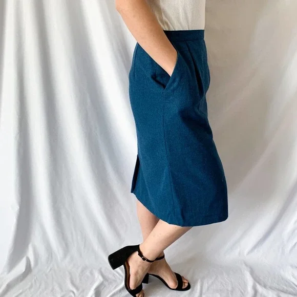 Pendleton Vintage 100% Virgin Wool Blue Midi Pencil Skirt Size 12P - Picture 2 of 12